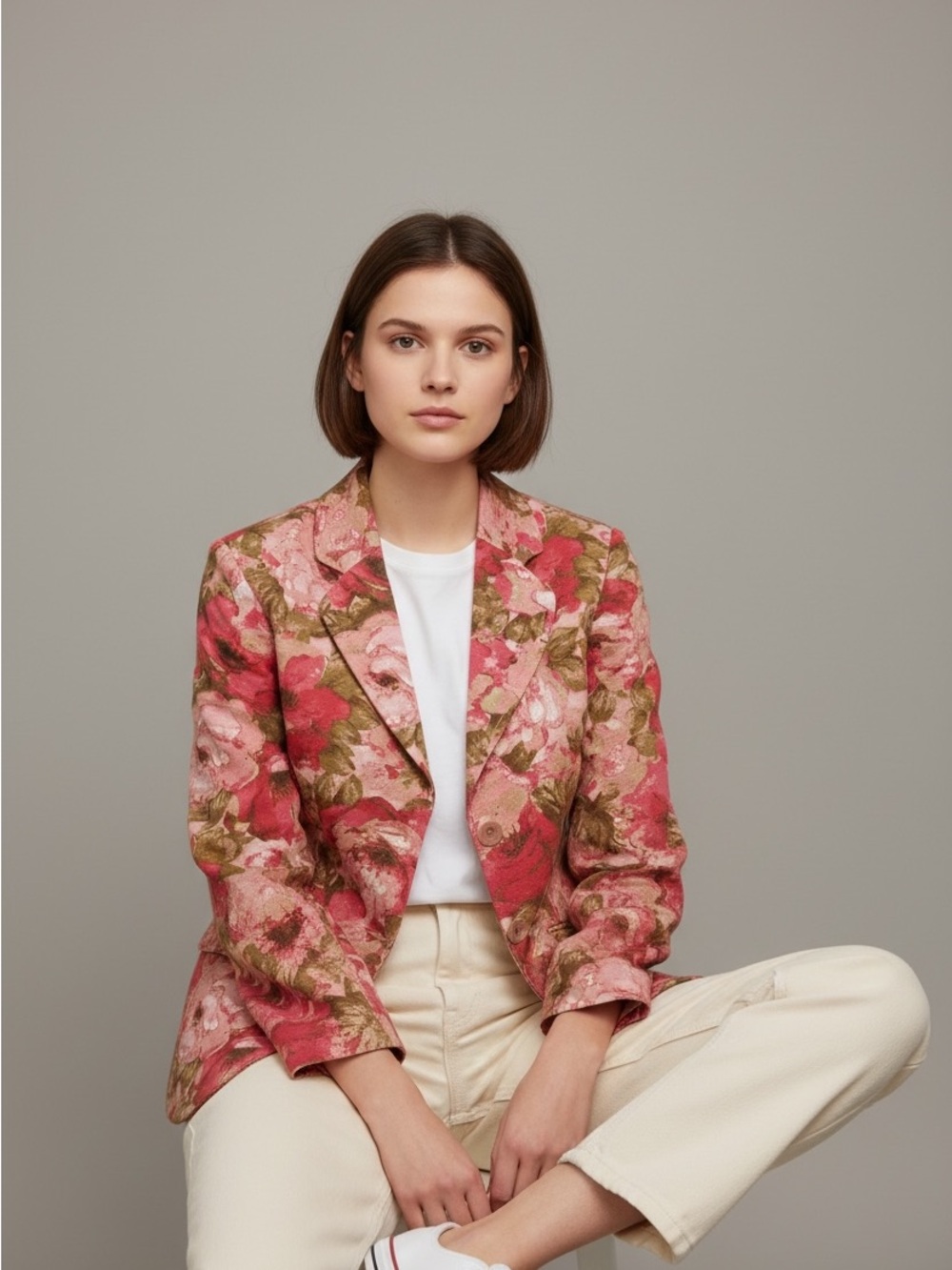 Ann Taylor Bright Floral Roses Textured Silk (linen look) Jacket 8